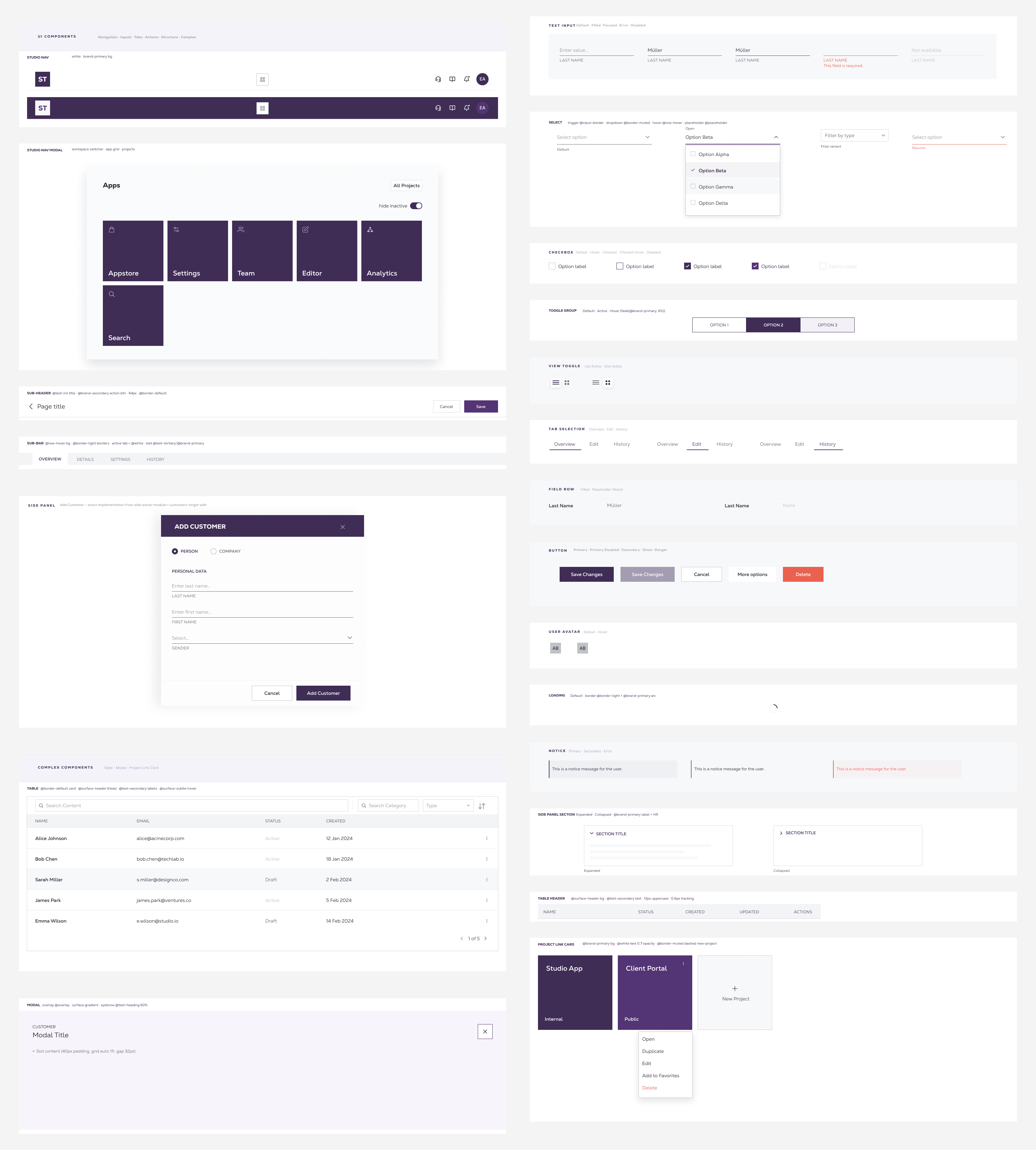 Component library — 16 component sets with variant matrices and labeled sections